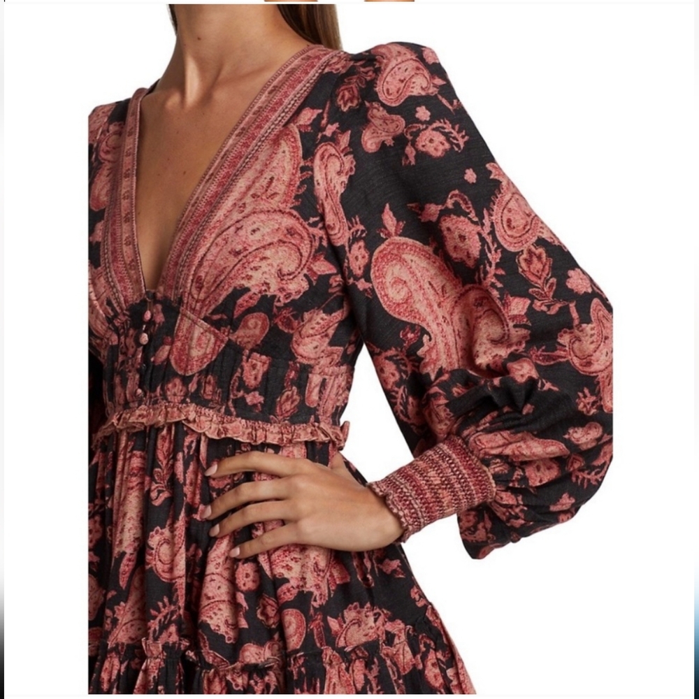 Hemant & Nandita Luana Paisley Boho Mini Dress Ruched Waist Puff Sleeve Size XS